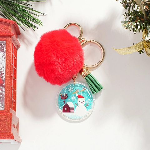 Portachiavi con Ciondolo in Acrilico con Pupazzo di Neve di Natale Con Pompon in Ecopelliccia Rossa e Nappina Verde Portachiavi in Metallo Dorato Ciondolo per Borsa