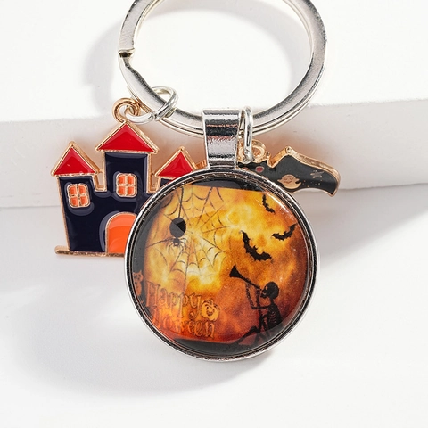 Portachiavi Halloween Cartone Animato Castello Pipistrello Ciondolo in Lega Happy Halloween Portachiavi a Cupola in Vetro per Festa Borsa Regalo