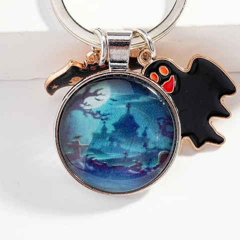 Halloween Gespenst Fledermaus Metall Schlüsselanhänger Glas Cabochon Nachtschloss Anhänger Legierung Emaille Party Geschenk