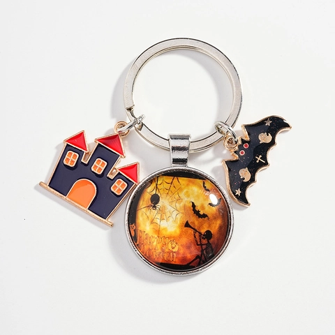 Portachiavi Halloween Cartone Animato Castello Pipistrello Ciondolo in Lega Happy Halloween Portachiavi a Cupola in Vetro per Festa Borsa Regalo