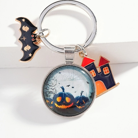 Porte-clés en Métal Alliage de Zinc Halloween Avec Pendentif Citrouille Chauve-souris Et Château Cabochon en Verre Cadeau Décoratif