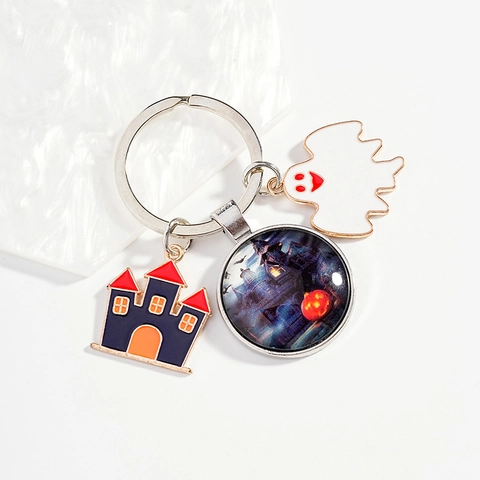 Llavero de Metal de Castillo de Fantasmas de Halloween Colgante de Gema de Tiempo de Vidrio de Calabaza Adorno Navideño para Bolso