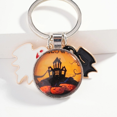 Portachiavi Halloween Cartone Castello Pendente Vetro Metallo Bianco Nero Fantasma Portachiavi Borsa Ornamento Regalo