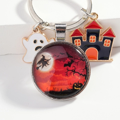 Halloween Cartoon Witch Ghost Castle Keychain Glass Cabochon Alloy Pendant Festive Jewelry Keyring Gift For Unisex