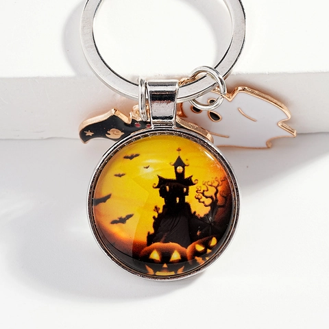 Halloween Schloss Glasanhänger Schlüsselanhänger Metall Emaille Fledermaus Geist Schlüsselring Für Party Tasche Deko Schmuck