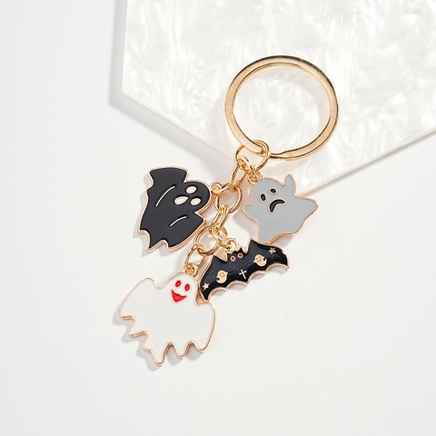 Halloween Cartoon Ghost Bat Enamel Keychain Gold Plated Alloy Metal Pendant Key Ring For Party Bag Charms Gift Unisex