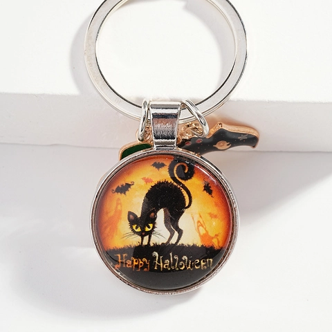 Halloween Cartoon Schlüsselanhänger Mit Kürbis Katze Fledermaus Anhänger Zinklegierung Glas Happy Halloween Geschenk Für Party Deko
