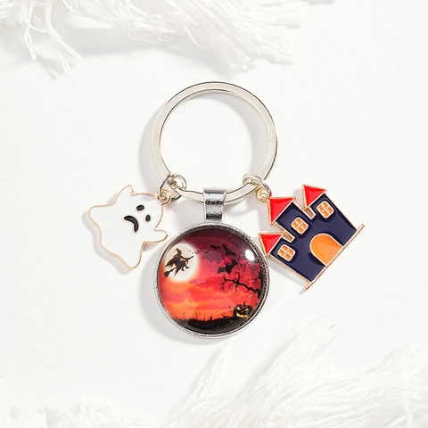 Halloween Cartoon Witch Ghost Castle Keychain Glass Cabochon Alloy Pendant Festive Jewelry Keyring Gift For Unisex