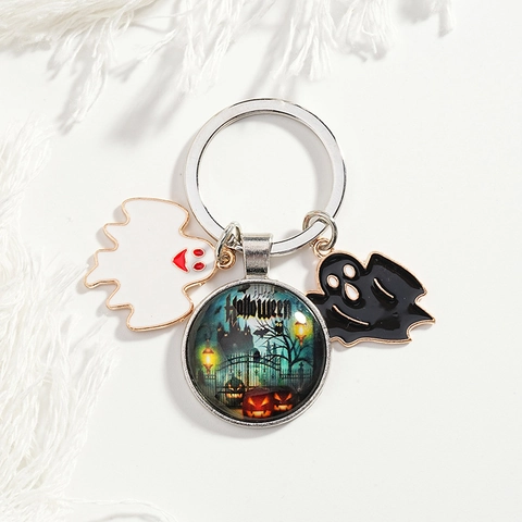 Halloween Geist Schloss Glaskabochon Metall Schlüsselanhänger Happy Halloween Geschenk Kürbis Fledermaus Emaille Anhänger Silber Schlüsselring
