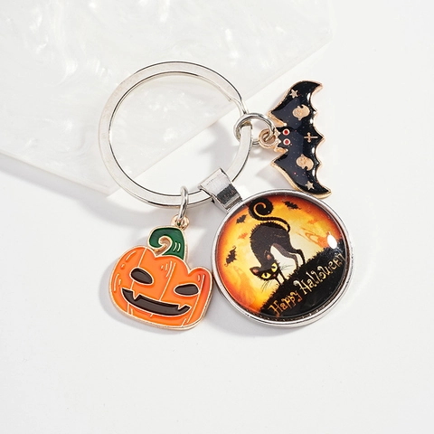 Halloween Cartoon Schlüsselanhänger Mit Kürbis Katze Fledermaus Anhänger Zinklegierung Glas Happy Halloween Geschenk Für Party Deko