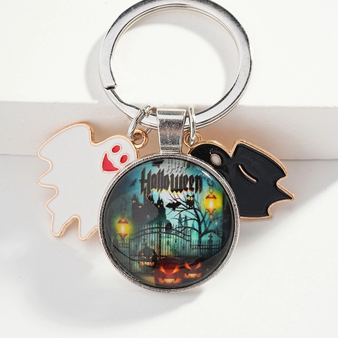 Halloween Geist Schloss Glaskabochon Metall Schlüsselanhänger Happy Halloween Geschenk Kürbis Fledermaus Emaille Anhänger Silber Schlüsselring