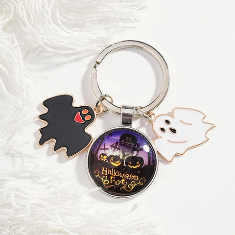 Halloween Party Sleutelhanger Metaal Cartoon Pompoen Geest Glazen Bol Hanger Paars Kerkhof Ontwerp Sleutelring Accessoire