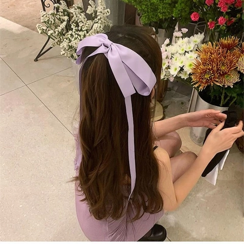 Elegant Oversized Satin Bow Hair Clip With Long Streamers Korean Style Solid Color Fabric Ribbon Hairpin For Women Accessories