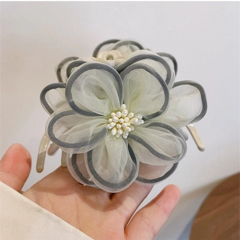 Pinza per Capelli Francese Retrò con Fiore Grande Elegante Pince a Shark in Organza con Perle Artificiali Accessorio Moda Donna
