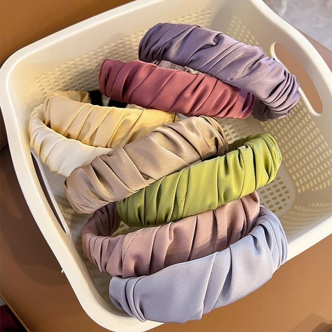 Women Korean Ruched Satin Hairband High Top Elegant Solid Color Pleated Headband Non-Slip Hair Hoop Fashion Accessories