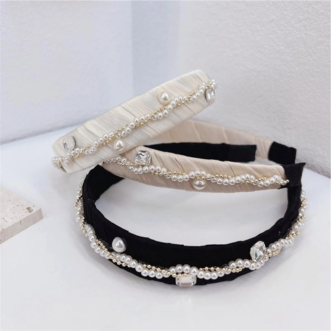Elegante Cerchietto in Satin Pieghettato Con Perle Artificiali e Strass Stile Francese Cerchietto Fatto a Mano Accessori per Capelli Moda Donna