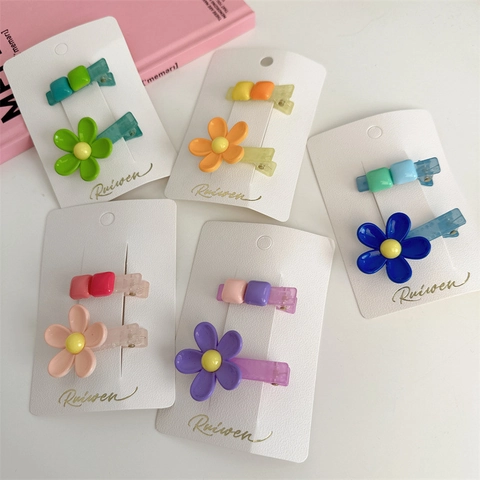 Korean Style Colorful Flower Hair Clips Set Cute Candy Color Acrylic Duckbill Clips Sweet Geometric Hairpins For Women Girls