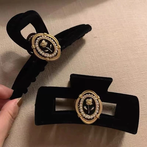 Juego de Pinzas para el Pelo de Terciopelo Negro Vintage Francés Lazo Elegante Pasador Aleación Rosa Perla Artificial Accesorios para el Cabello de Mujer