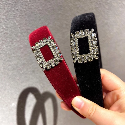 Diadema de Terciopelo Engrosada de Lujo Vintage para Mujer Con Hebilla de Strass Rectangular Banda de Pelo de Moda