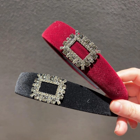 Diadema de Terciopelo Engrosada de Lujo Vintage para Mujer Con Hebilla de Strass Rectangular Banda de Pelo de Moda