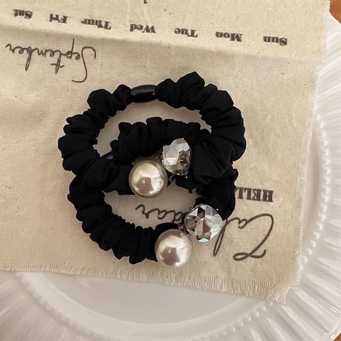 Elegant Black Pleated Fabric Scrunchie Hair Tie With Large Faux Artificial Pearl And Faceted Crystal Bead High Elastic Hair Accessory