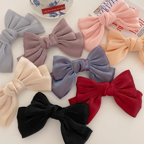 Large Satin Bow Hair Clip For Women Korean Style Elegant Oversized Ribbon Spring Clip Solid Color Handmade Hair Accessories