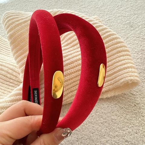 Französischer Retro Samt Haarreif Damen Gepolstert Rot Goldene Metallschnalle Dickes Stirnband Neujahr Handgemachter Haarschmuck