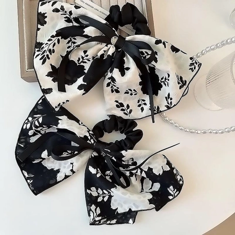 Elastico per Capelli con Fiocco e Stampa Floreale Vintage in Tessuto a Inchiostro Elegante Grande Fermacapelli per Donna