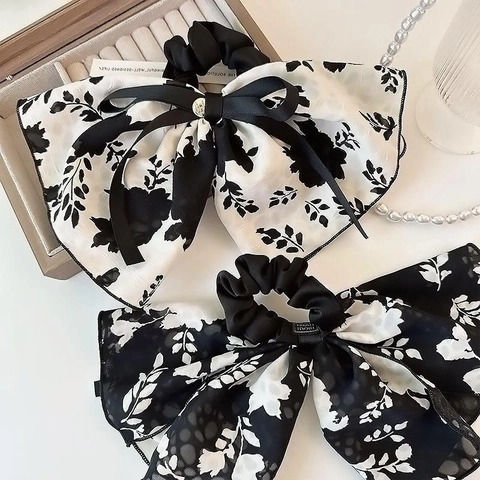 Elastico per Capelli con Fiocco e Stampa Floreale Vintage in Tessuto a Inchiostro Elegante Grande Fermacapelli per Donna