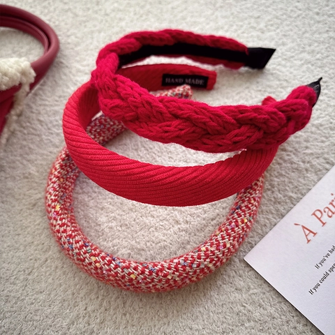 New Year Red Striped Festive Headband Women Sweet Handmade Fabric Hair Band Autumn Winter Christmas Hair Hoop Accessories