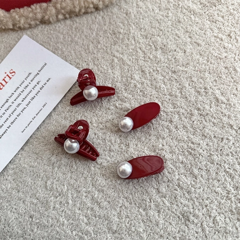 Fermaglio per Capelli in Acrilico Rosso Vintage Elegante Molletta a Granchio con Perla Artificiale Lucida per Donna Ragazza Stile Coreano