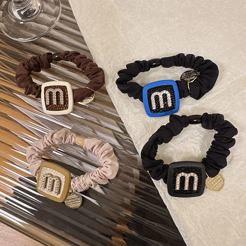 Elegant Alloy Rhinestone Letter M Square Decor Fabric Hair Tie Korean Style High Elastic Scrunchie For Women Hair Accessories