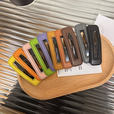 Minimalistische PU Leder Rechteckige BB Haarklammern Handgefertigte Nahtkanten Pony Seiten Haarnadeln Geometrischer Kopfschmuck Für Damen