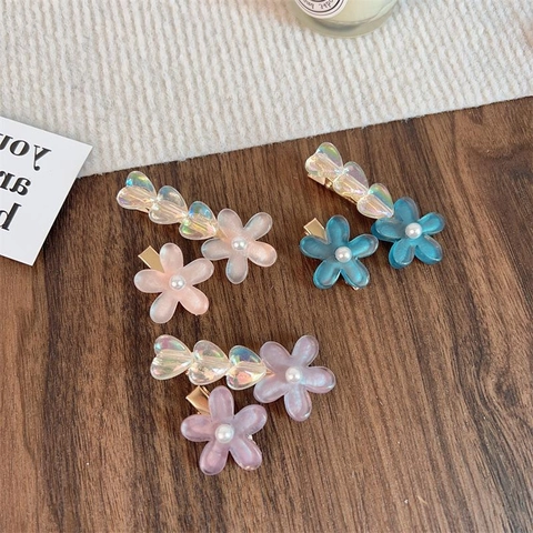 Set Di Fermagli Per Capelli In Stile Coreano Dolce Fiore E Cuore Per Donna Ragazze In Plastica Con Perla Artificiale Clip Laterale