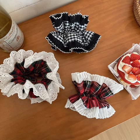 Retro Plaid Lace Edge Scrunchies For Women Sweet Forest Style Large Hair Ties Cotton Blend Plaid Pattern Hair Accessories