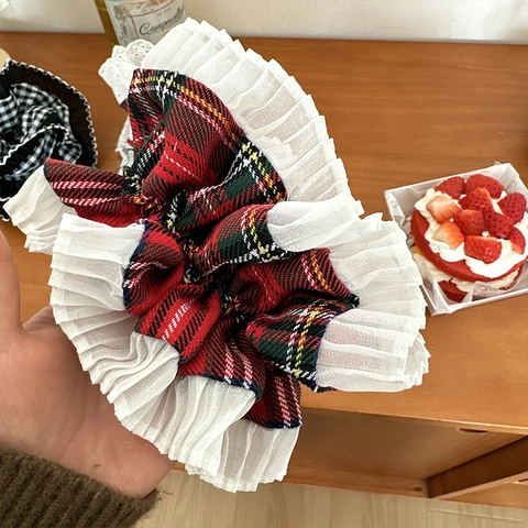 Retro Plaid Lace Edge Scrunchies For Women Sweet Forest Style Large Hair Ties Cotton Blend Plaid Pattern Hair Accessories