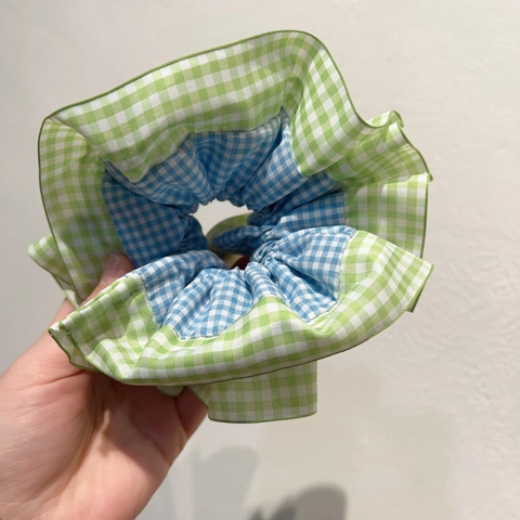 Coletero Grande de Cuadros Con Borde de Encaje Patrón de Cuadros Verde Menta Azul Gomas de Pelo Hechas a Mano Banda Elástica para Mujer Accesorios Pelo