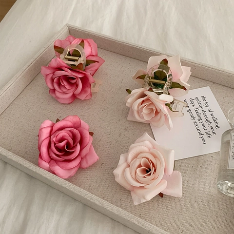 Pinza De Pelo De Flor De Rosa Artificial Romántica Para Mujer Estilo Francés Accesorios De Pelo Florales De Satén Vacaciones