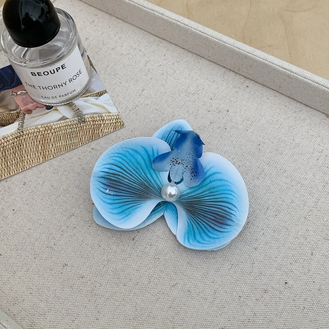 Blue Orchid Flower Hair Clip And Hair Claw Gradient Floral Hairpin With Artificial Pearl Handmade Resort Style Hair Jewelry For Women