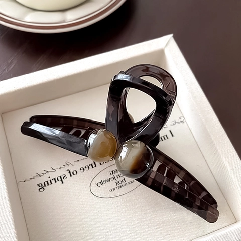 Large Acrylic Hair Claw Clip For Women Vintage Deep Brown Translucent Hair Accessory With Marble Pattern Beads Elegant Shark Clip
