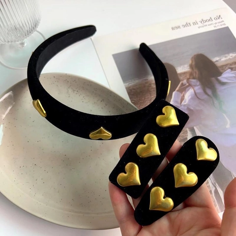 Diadema de Terciopelo Negro Vintage Francés Decoración de Corazón Pinza de Pelo Dorado Accesorios de Pelo para Mujer