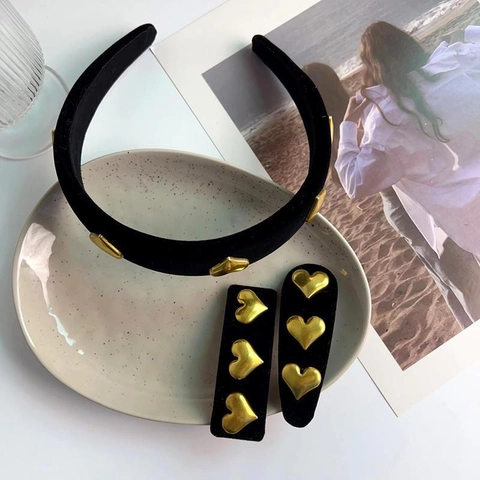 Diadema de Terciopelo Negro Vintage Francés Decoración de Corazón Pinza de Pelo Dorado Accesorios de Pelo para Mujer