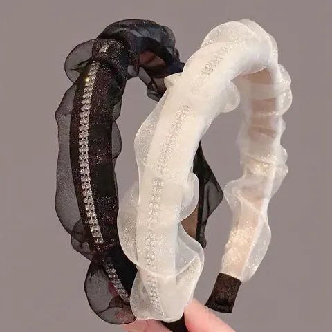 Vintage Geplooid Mesh Organza Haarband Voor Dames Romantische Strass Haarcirkel Elegante Zoete Hoofddeksel Haaraccessoire