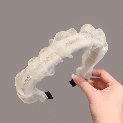 Vintage Geplooid Mesh Organza Haarband Voor Dames Romantische Strass Haarcirkel Elegante Zoete Hoofddeksel Haaraccessoire