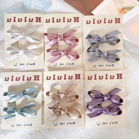 Handmade Satin Ribbon Bow Hair Clips For Girls Women Alloy Sweet Solid Color Side Clips Pair Hair Accessories Jewelry