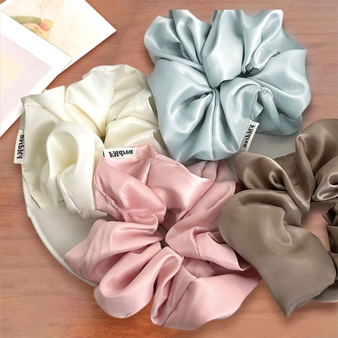 Women French Vintage Satin Scrunchie Large Elastic Hair Band Solid Color Elegant Oversized Silk Like Ponytail Holder Jewelry