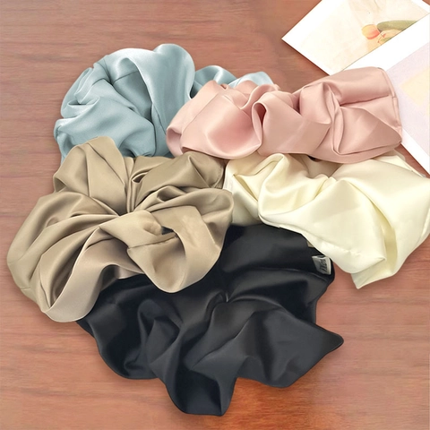 Women French Vintage Satin Scrunchie Large Elastic Hair Band Solid Color Elegant Oversized Silk Like Ponytail Holder Jewelry