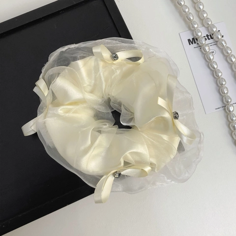 Scrunchie in Organza e Raso Soffice Stile Francese Con Fiocco in Strass Grande Elastico per Capelli Elegante Donna