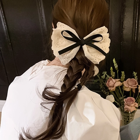 Pince à Cheveux Nœud en Dentelle Beige Rétro Français Grande Pince Queue de Cheval Élégante Accessoire Cheveux Ruban