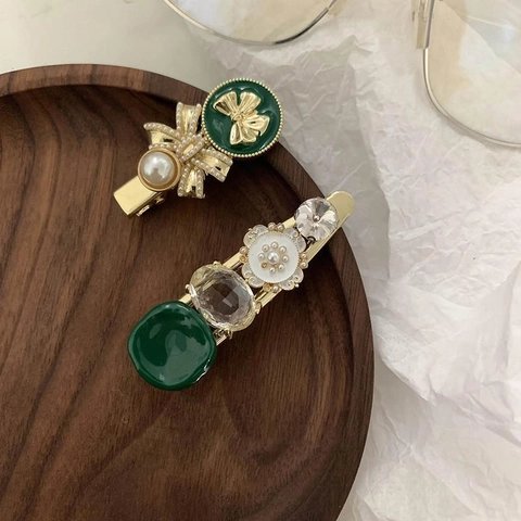 Pinza para el Cabello de Aleación Vintage para Mujer Dorado Verde Perla Artificial Strass Lazo Pinza Lateral Accesorios para el Cabello
